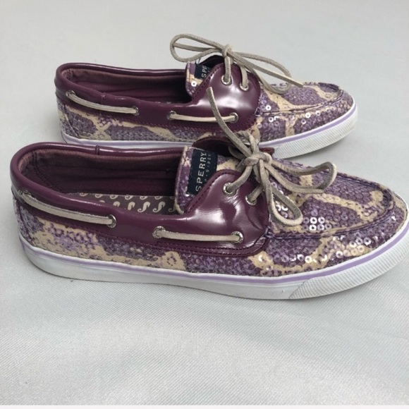 Sperry plum and cream snake print sequin boat shoes 10 - Picture 3 of 7